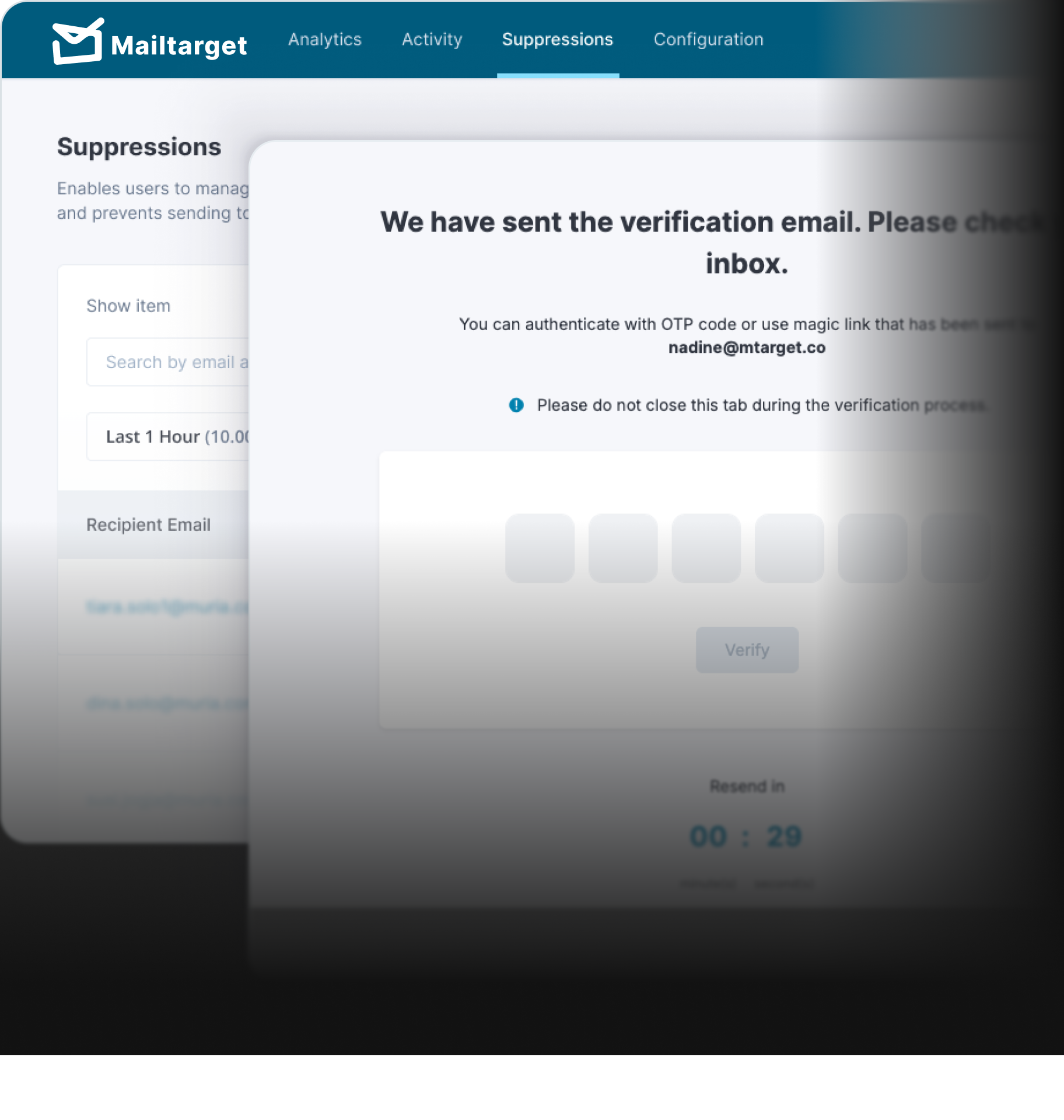 Mailtarget Suppressions page with email verification modal